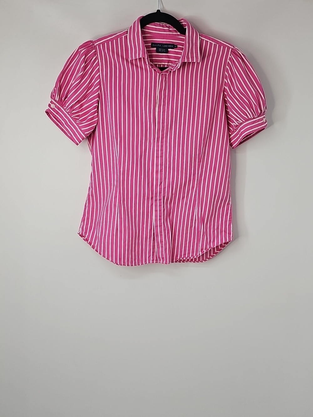 Ralph Lauren Pink Striped‎ 100% Cotton Puff Sleeved Button Front Blouse Classic - Picture 8 of 9